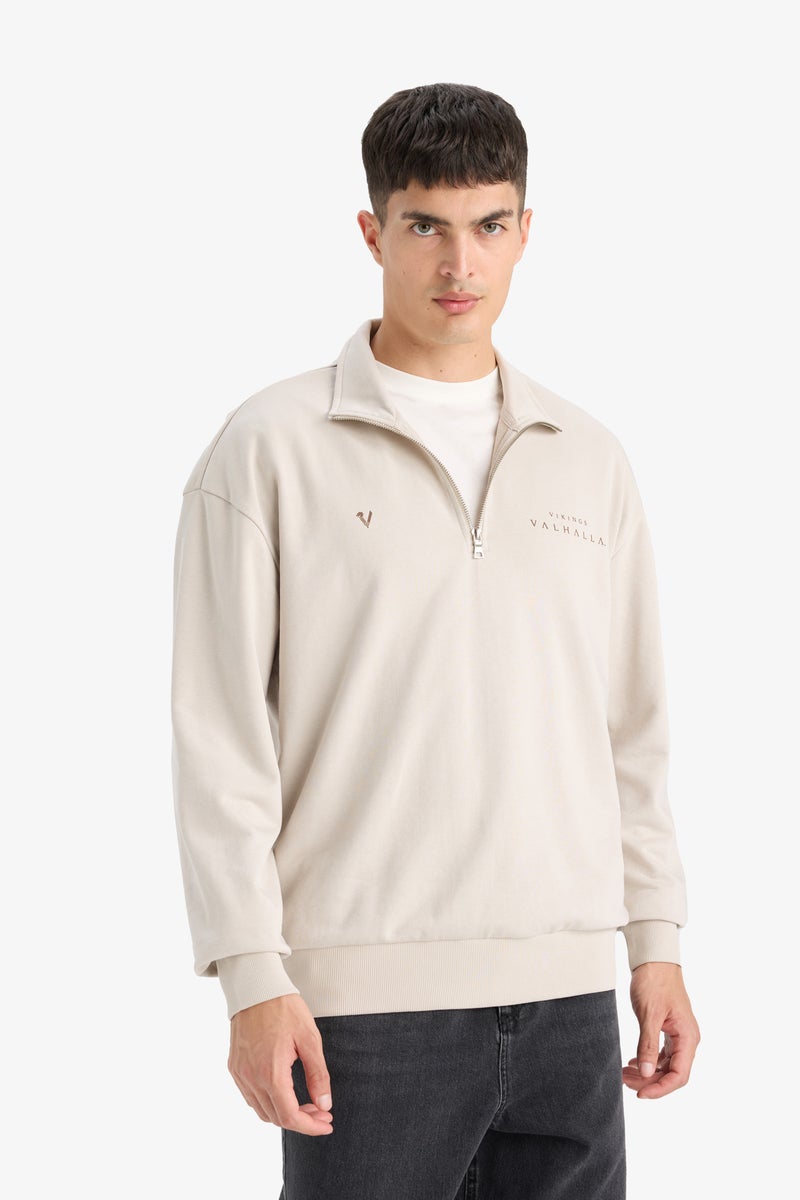 DeFacto Beige Man Boxy Fit Vikings Valhalla Printed Long Sleeve Sweatshirt Casual - Image 5